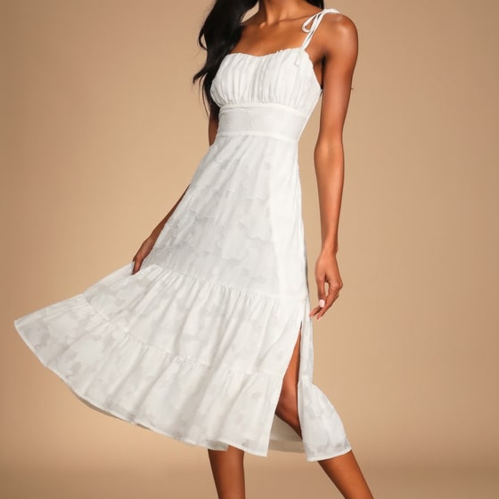Lulus Sweet Sentiments White Jacquard Tiered Midi Dress